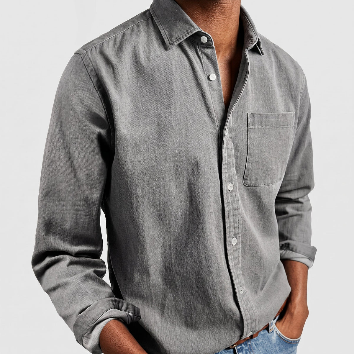 Charlie - Men's Relaxed Fit Button-Down Denim-Look Shirt - Shirts - Gray - Parker&Brooks