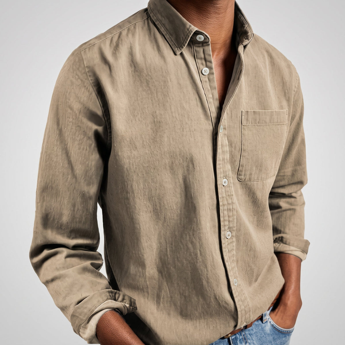 Charlie - Men's Relaxed Fit Button-Down Denim-Look Shirt - Shirts - Beige - Parker&Brooks