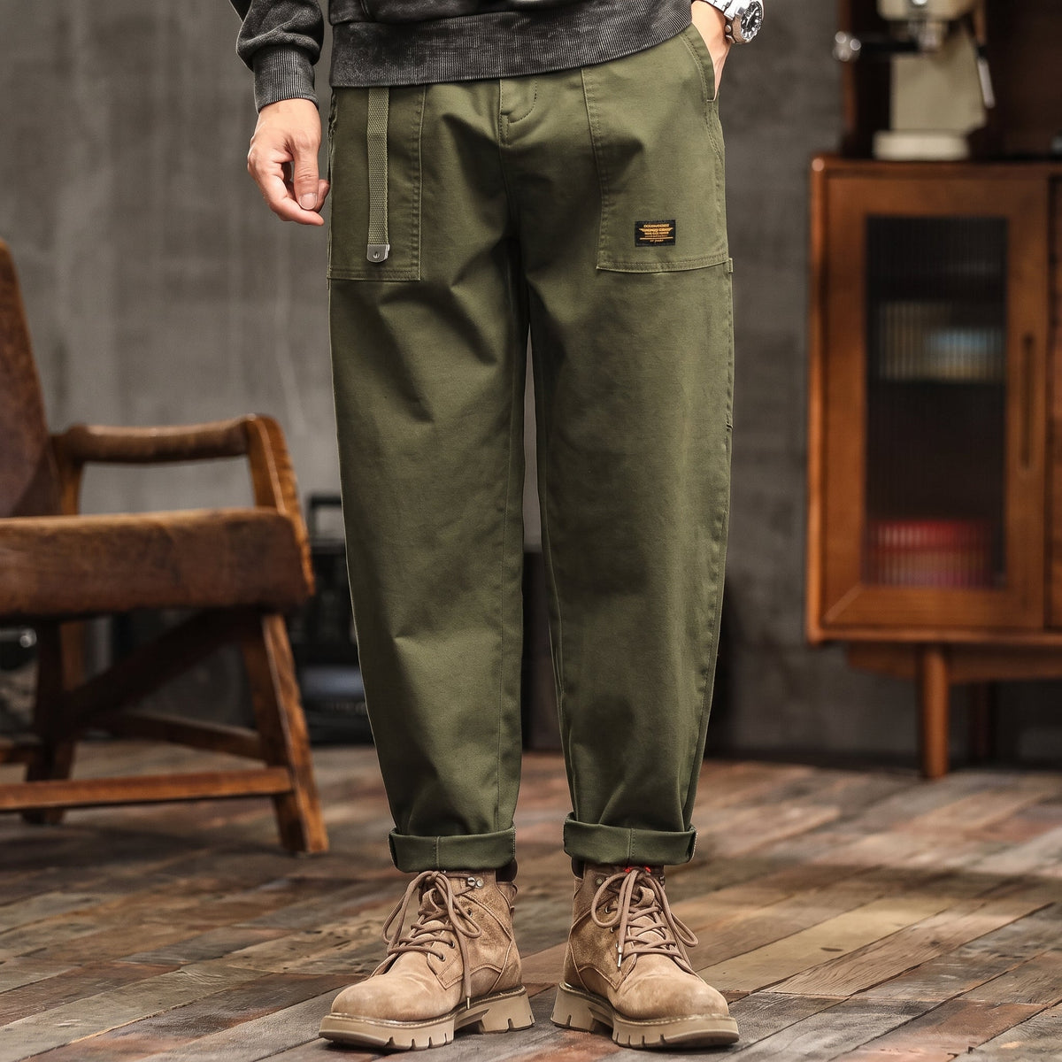 Charlie - Men's Relaxed Fit Cargo Trousers with Flap Pockets - Cargo Pants - Army Green - Parker&Brooks