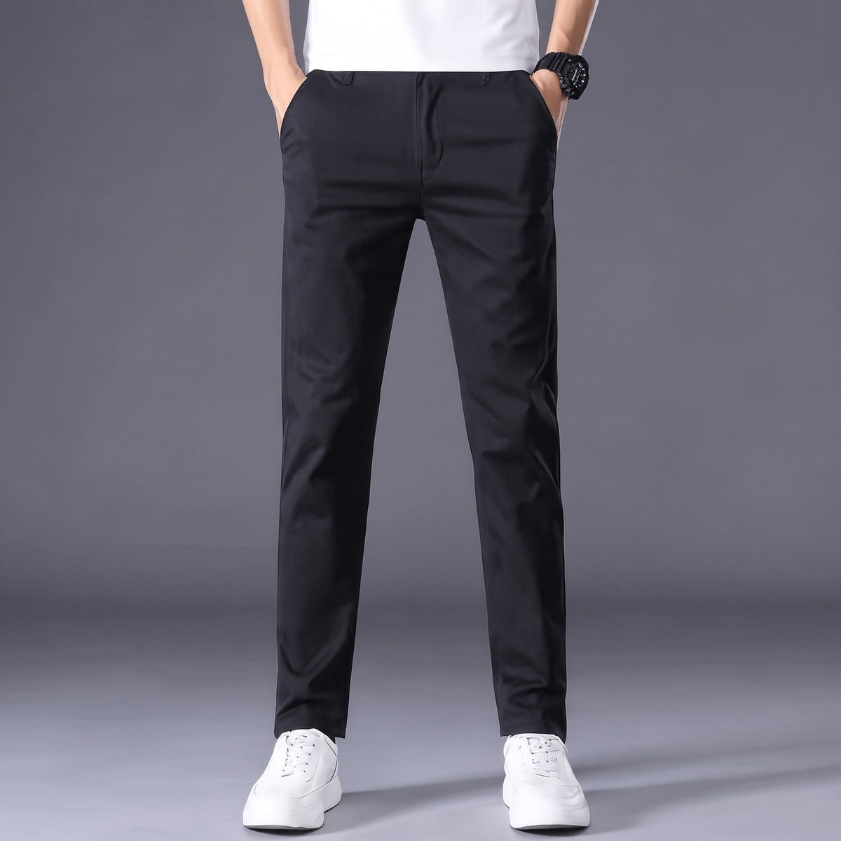 Charlie - Men's Slim Fit Tailored Chino Trousers with Button Closure - Chinos - Black - Sarvento