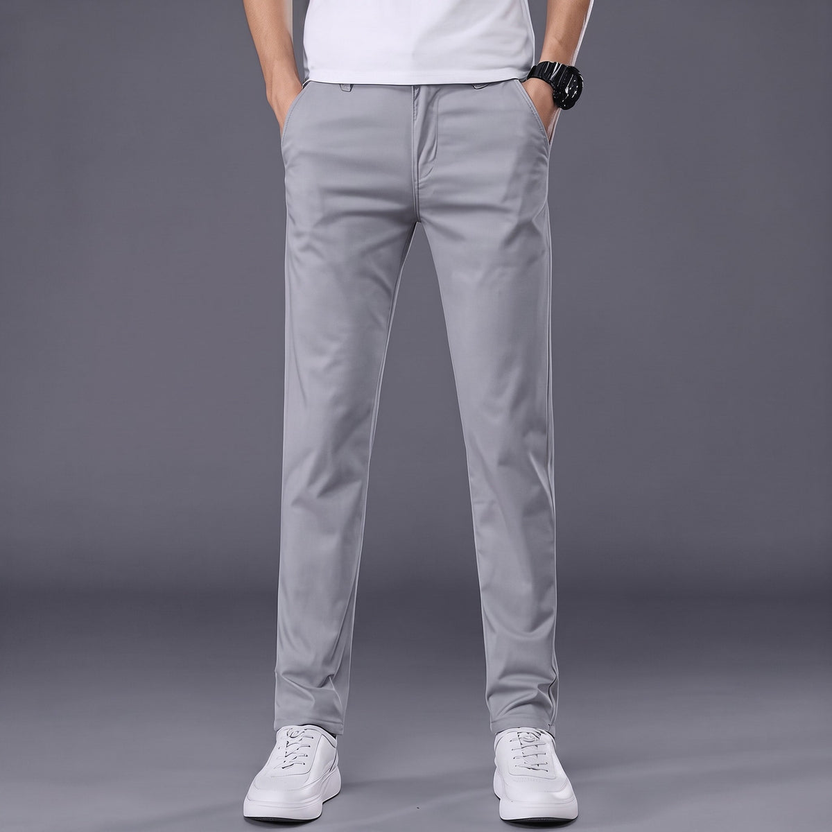 Charlie - Men's Slim Fit Tailored Chino Trousers with Button Closure - Chinos - Light Gray - Sarvento