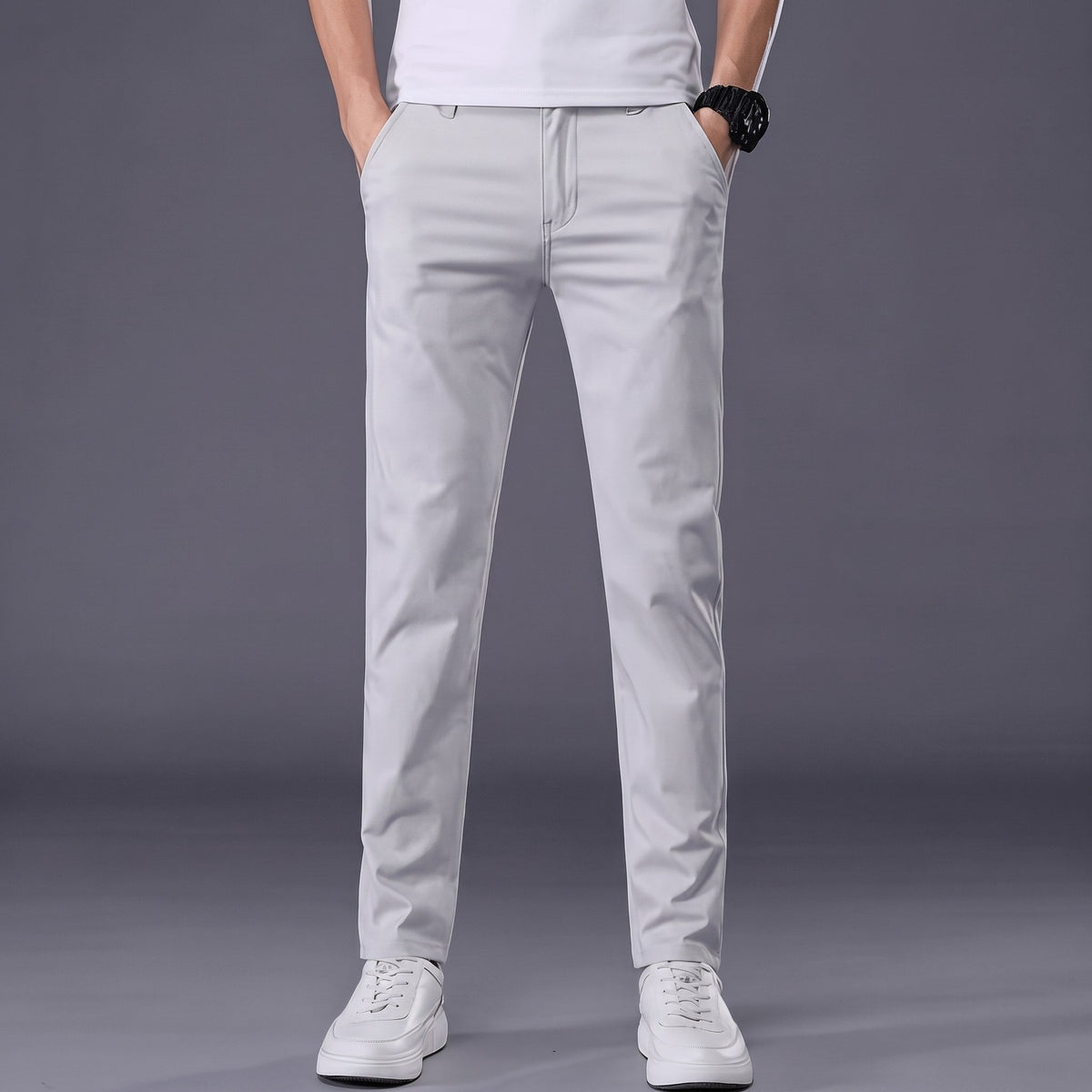 Charlie - Men's Slim Fit Tailored Chino Trousers with Button Closure - Chinos - White - Sarvento
