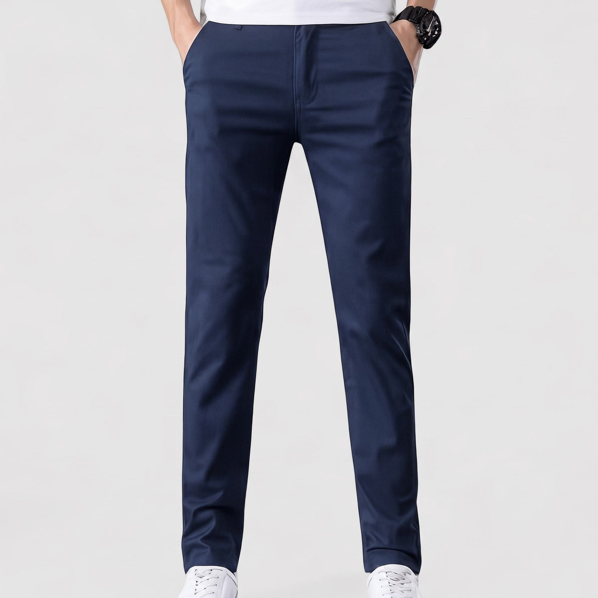 Charlie - Men's Slim Fit Tailored Chino Trousers with Button Closure - Chinos - Navy Blue - Sarvento
