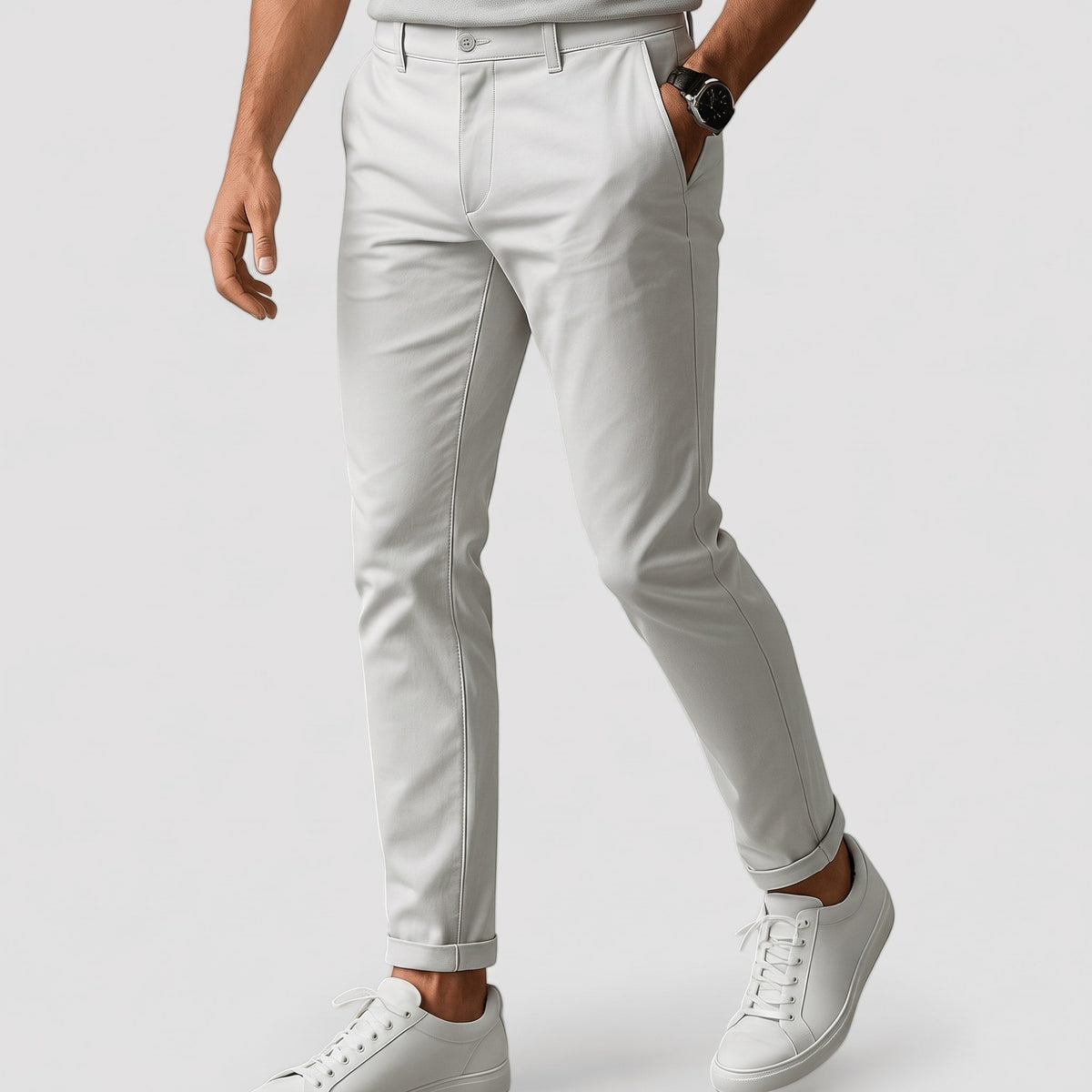Charlie - Men's Slim Fit Tailored Chino Trousers with Button Closure - Chinos - White - Sarvento