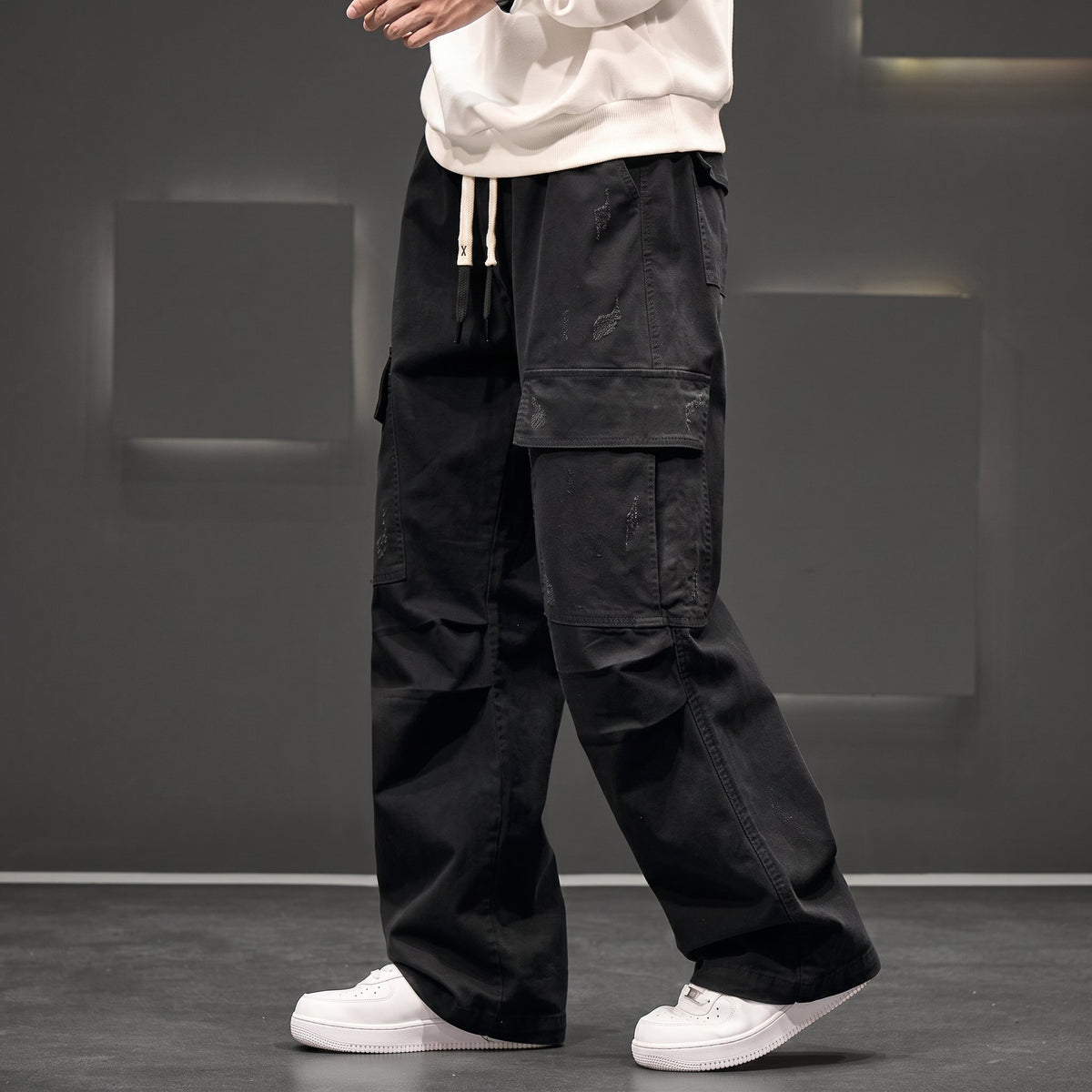 Charlie - Men's Wide-Leg Drawstring Cargo Pants with Multiple Pockets - Cargo Pants - Black - Parker&Brooks
