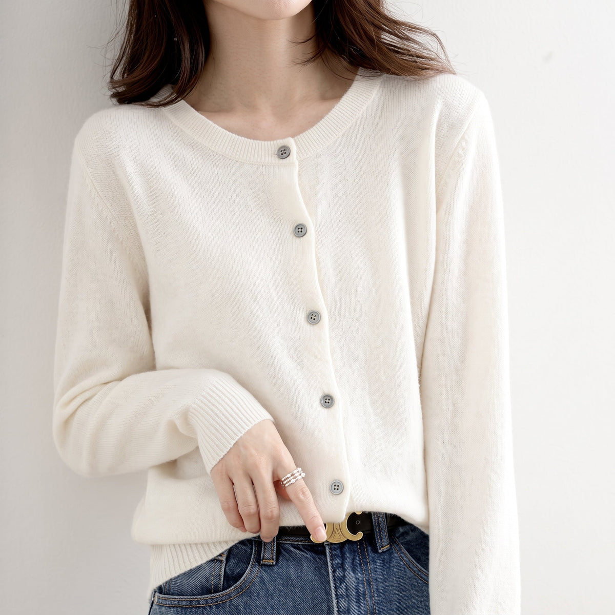 Charlotte - Women's Button-Front Cardigan with Ribbed Trim - Cardigans - White - Parker&Brooks