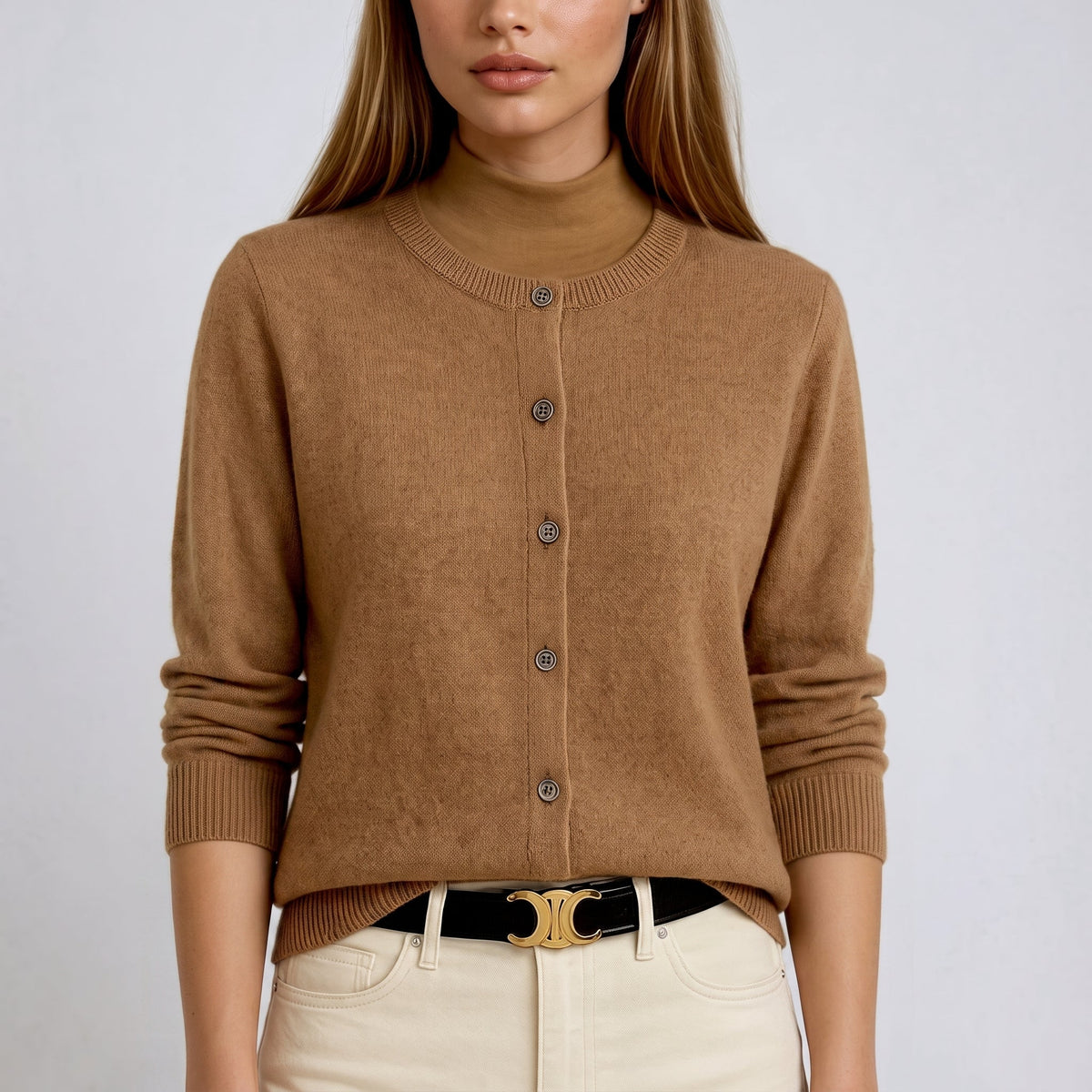 Charlotte - Women's Button-Front Cardigan with Ribbed Trim - Cardigans - Beige - Parker&Brooks