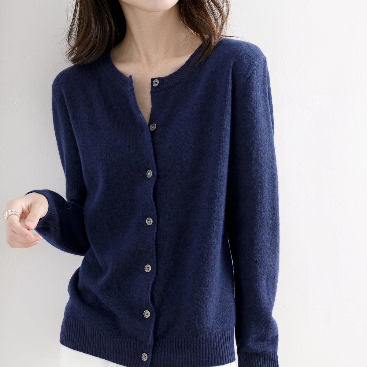 Charlotte - Women's Button-Front Cardigan with Ribbed Trim - Cardigans - Navy Blue - Parker&Brooks
