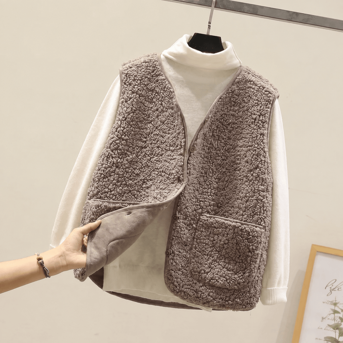 Charlotte - Women's Cropped Collarless Teddy Vest - Vests - Khaki - Parker&Brooks