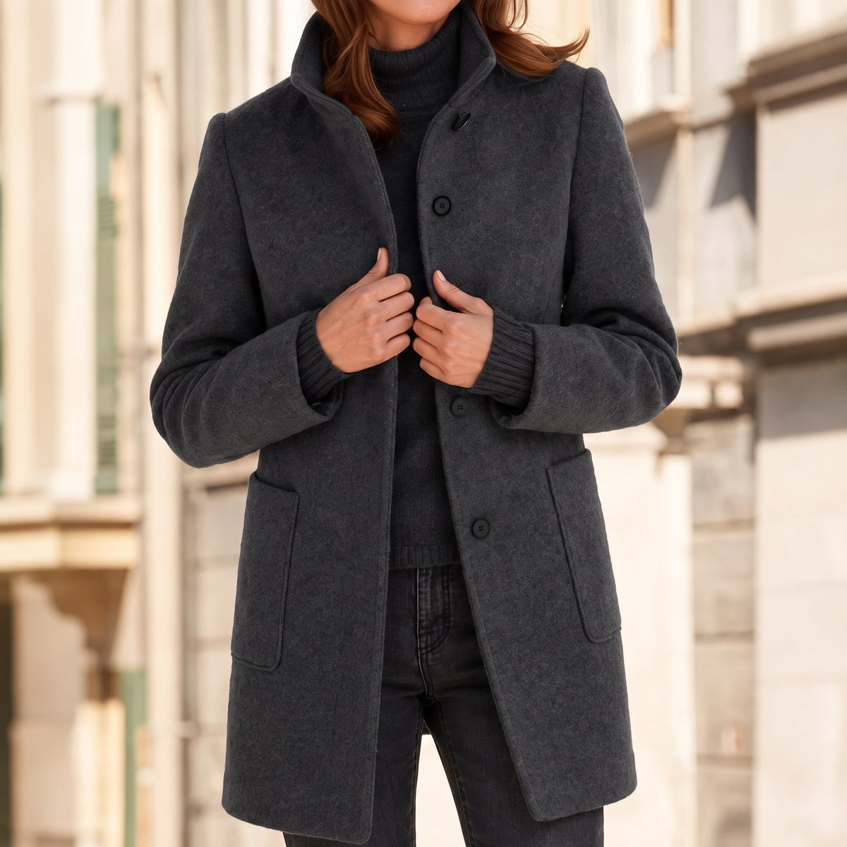 Charlotte - Women's Longline Wool-Look Coat with Stand Collar - Overcoats - Black - Parker&Brooks