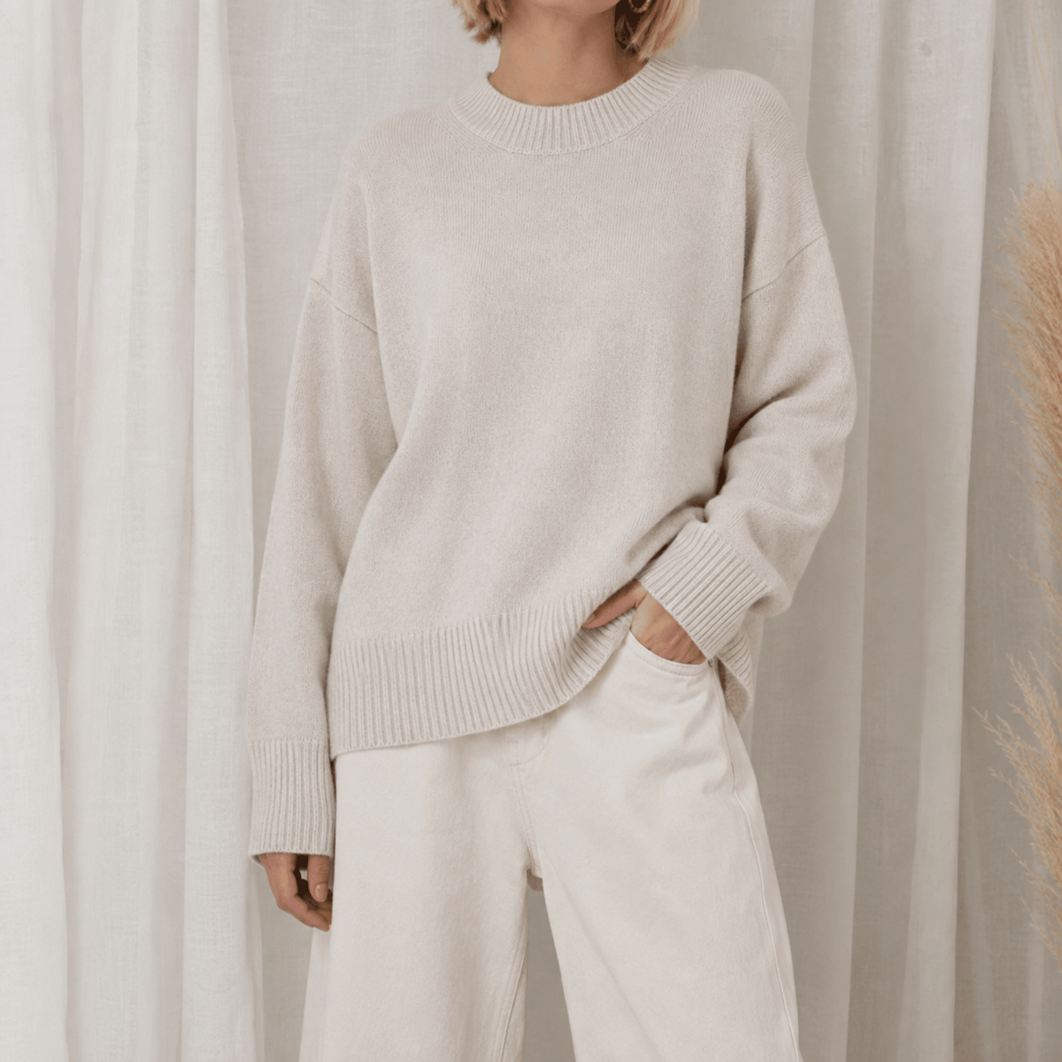 Charlotte - Women's Oversized Crewneck Sweater with Ribbed Cuffs - Sweaters - Beige - Parker&Brooks