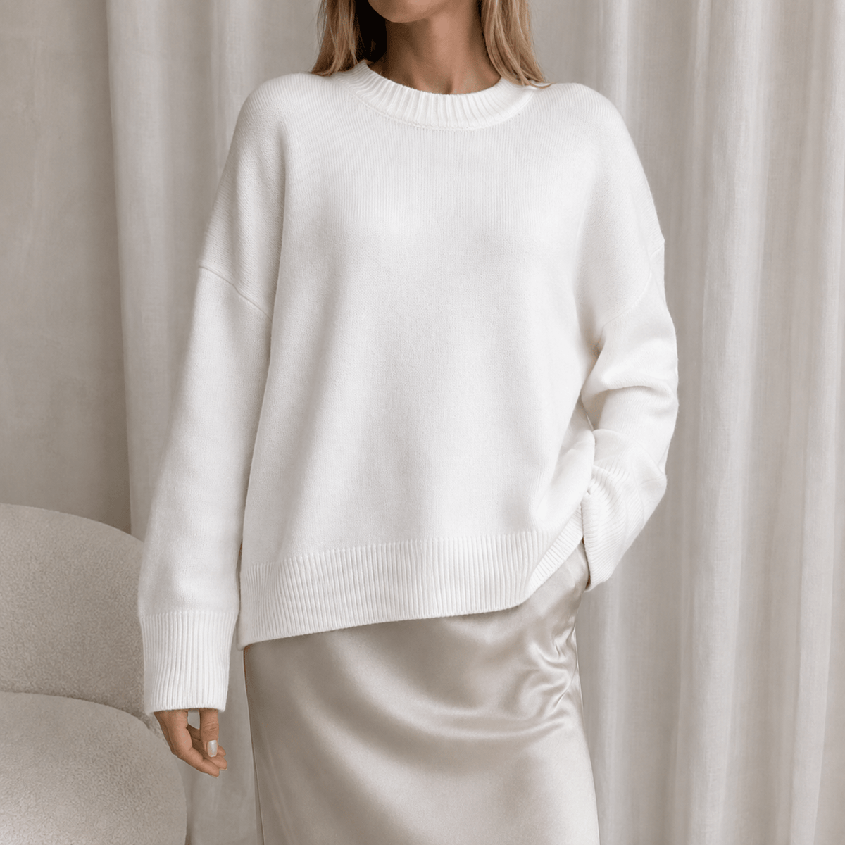 Charlotte - Women's Oversized Crewneck Sweater with Ribbed Cuffs - Sweaters - White - Parker&Brooks