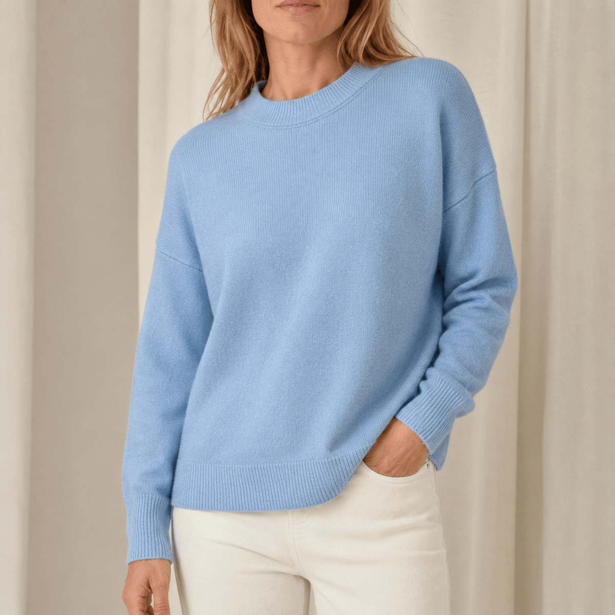 Charlotte - Women's Oversized Crewneck Sweater with Ribbed Cuffs - Sweaters - Light Blue - Parker&Brooks
