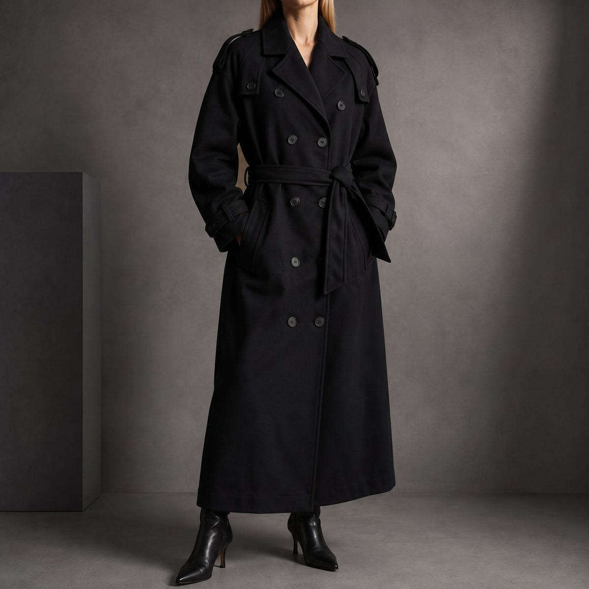 Charlotte - Women's Oversized Longline Trench Coat with Belt - Trench Coats - Black - Parker&Brooks
