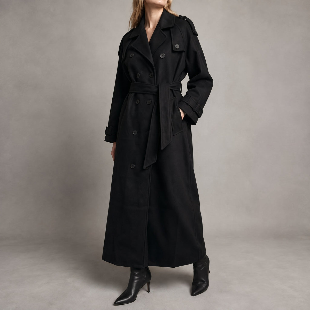 Charlotte - Women's Oversized Longline Trench Coat with Belt - Trench Coats - Black - Parker&Brooks