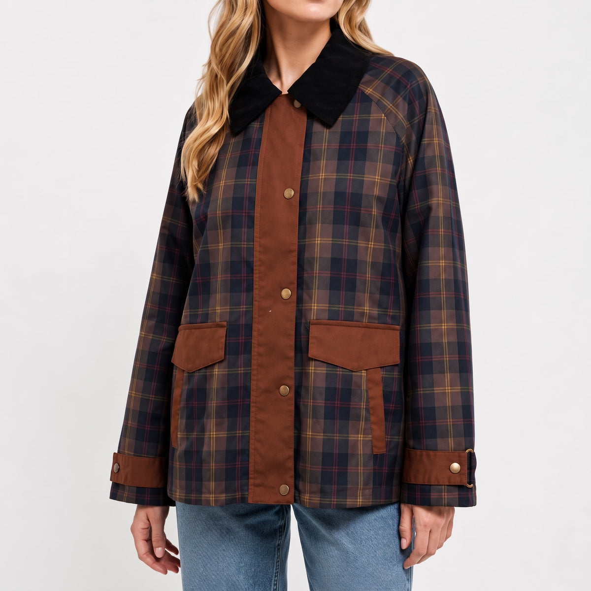 Charlotte - Women's Oversized Plaid Transitional Jacket with Contrast Collar - Wrap Coat - Brown - Parker&Brooks