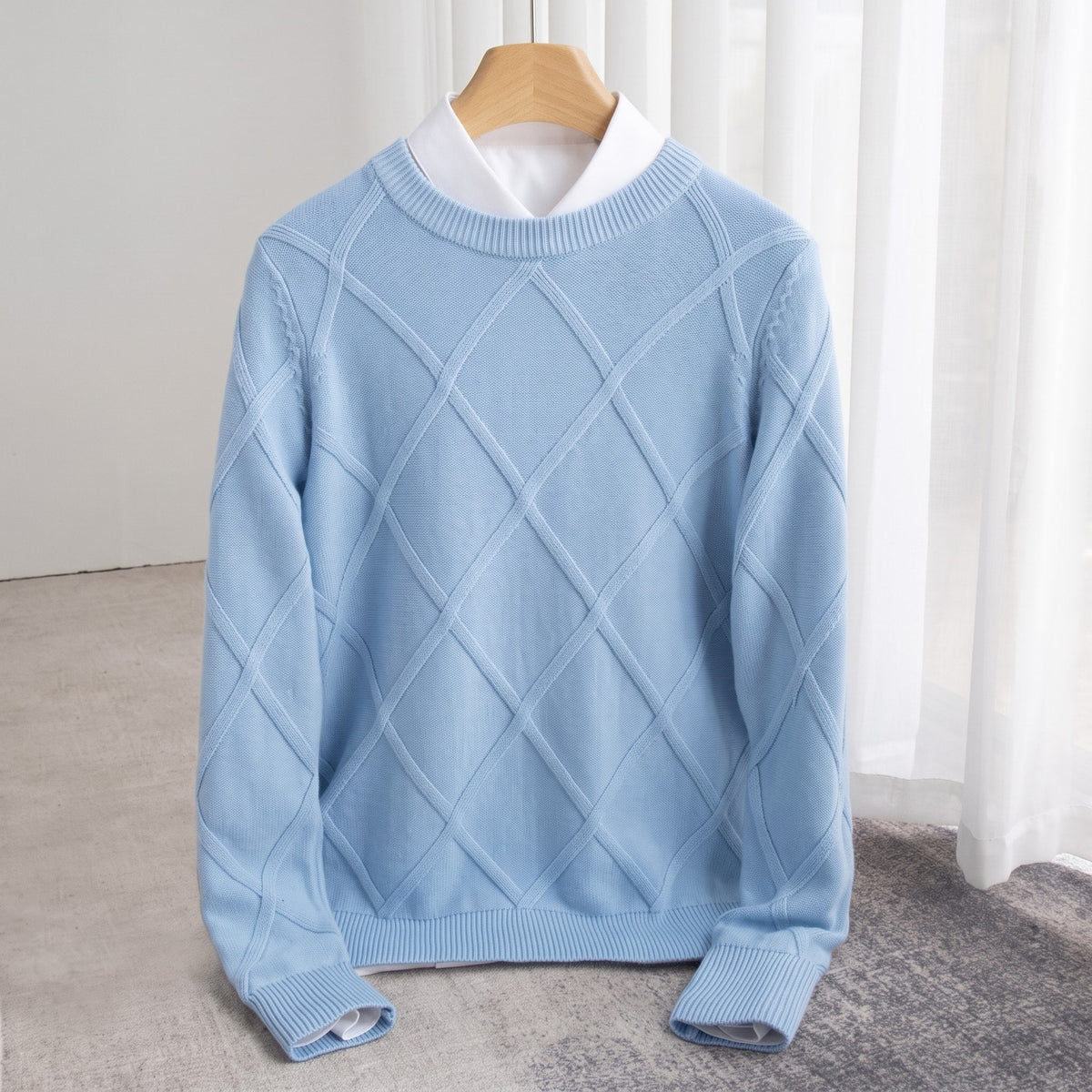 Charlotte – Women’s Relaxed Fit Crewneck Sweater with Argyle Knit - Sweaters - Blue - Sarvento