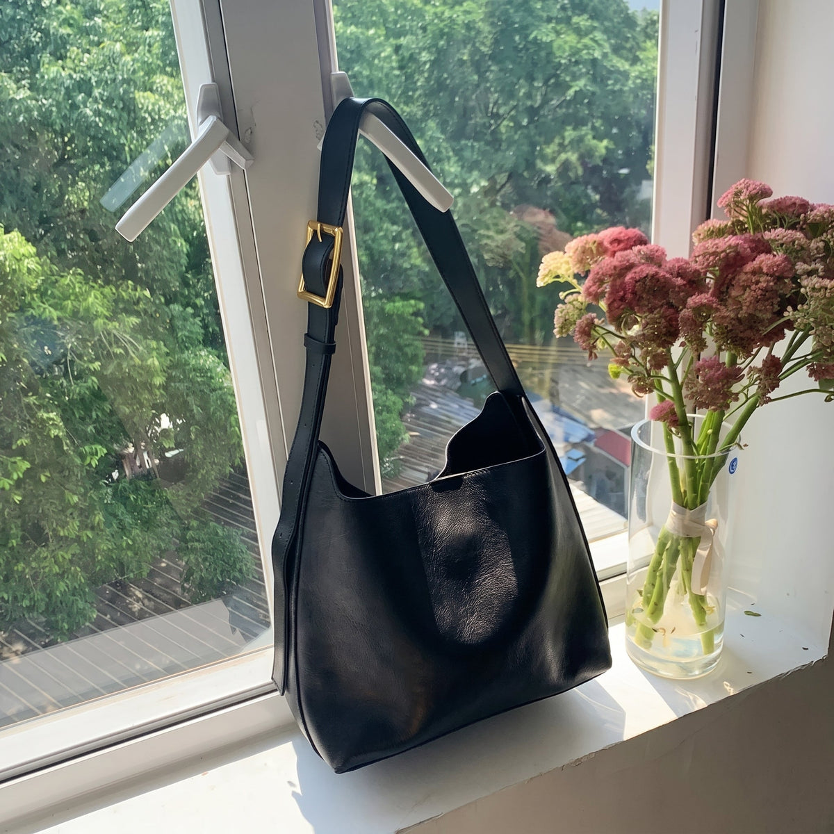 Charlotte - Women's Slouchy Hobo Shoulder Bag with Buckle Strap - Shoulder Bags - Black - Sarvento