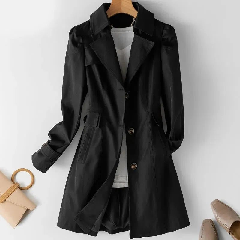 Charlotte - Women's Tailored Longline Trench Coat with Button Front - Trench Coats - Black - Parker&Brooks