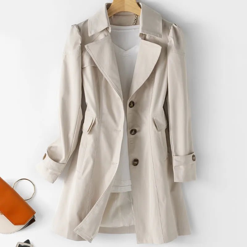 Charlotte - Women's Tailored Longline Trench Coat with Button Front - Trench Coats - Khaki - Parker&Brooks