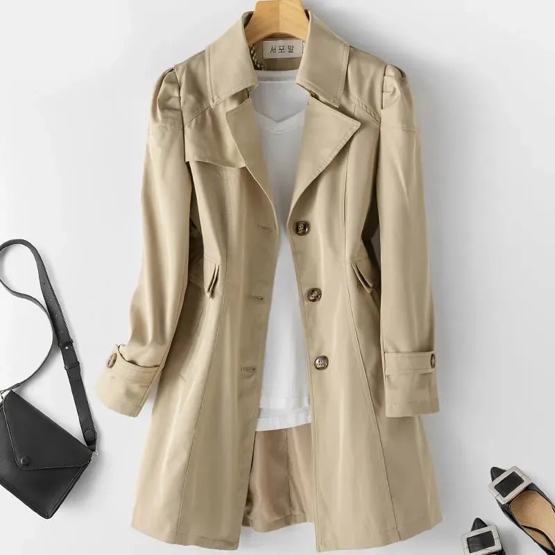 Charlotte - Women's Tailored Longline Trench Coat with Button Front - Trench Coats - Beige - Parker&Brooks