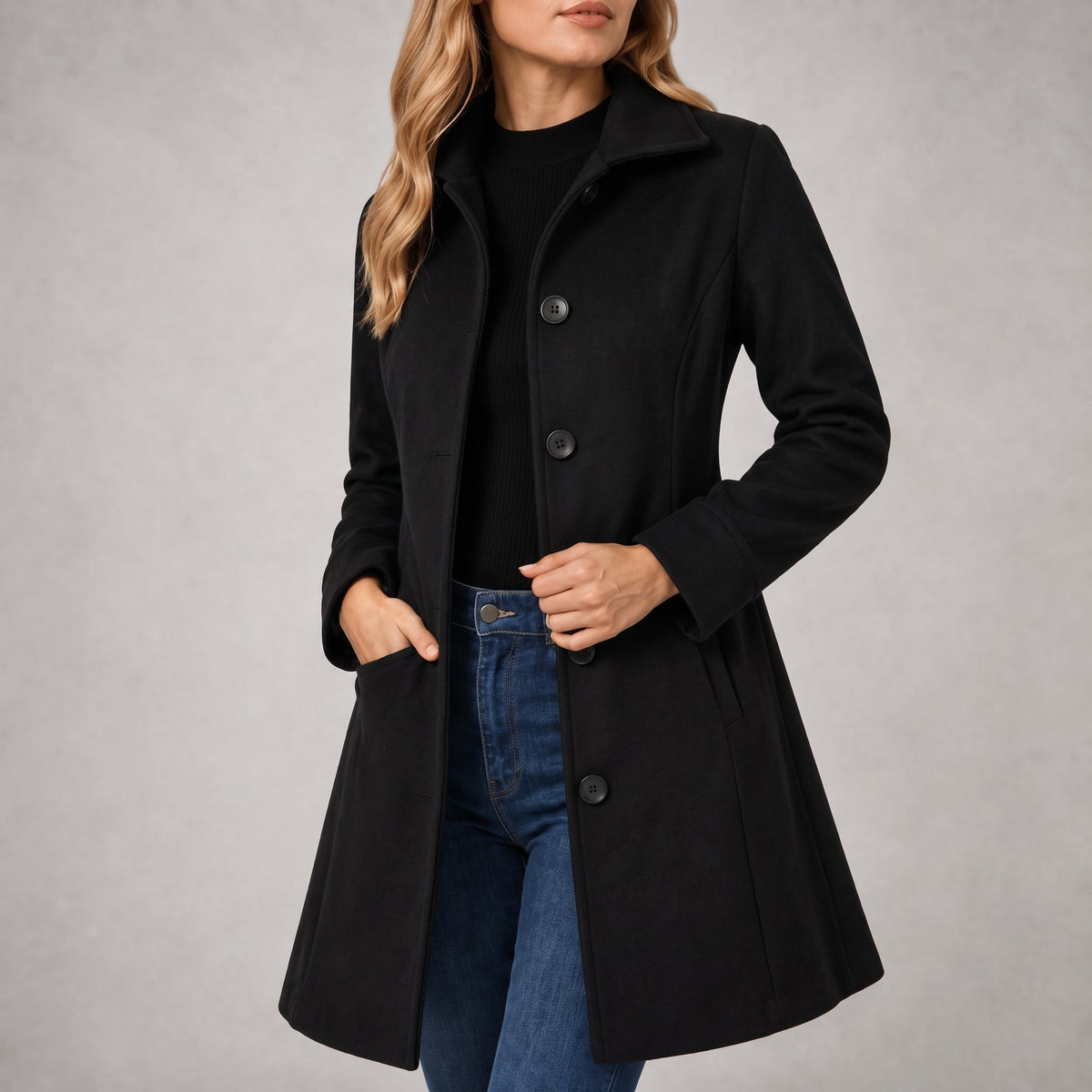 Charlotte - Women's Tailored Single-Breasted Coat with Notch Collar - Overcoats - Black - Parker&Brooks