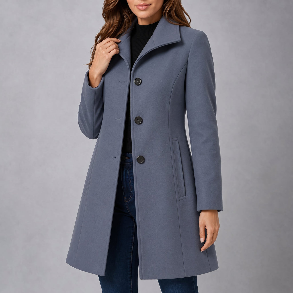 Charlotte - Women's Tailored Single-Breasted Coat with Notch Collar - Overcoats - Light Blue - Parker&Brooks