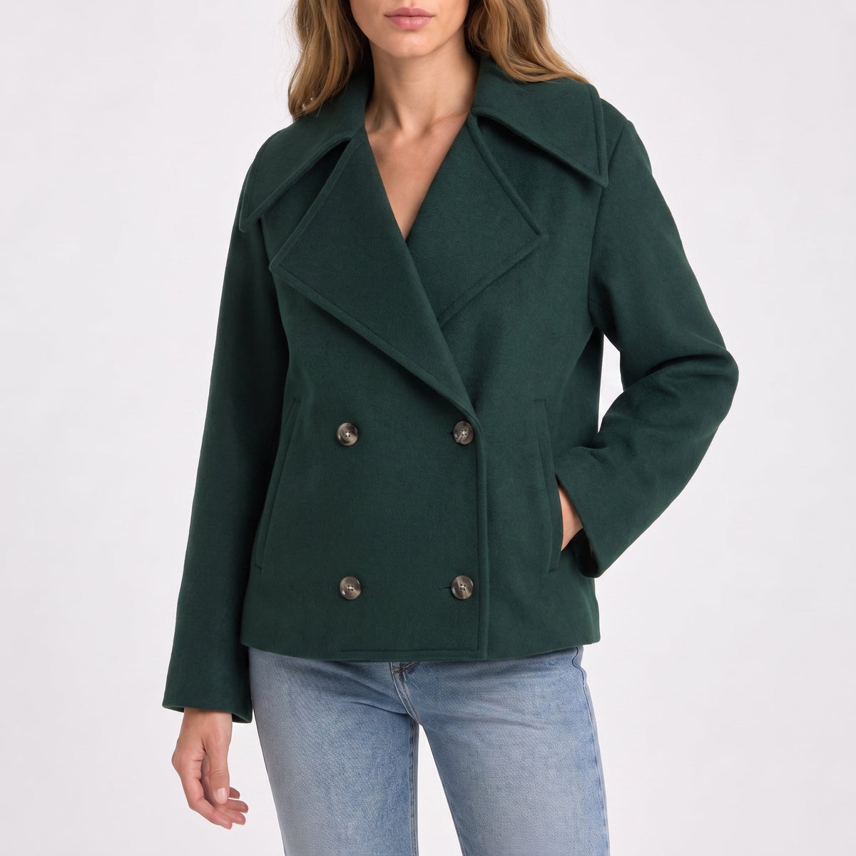 Charlotte - Women's Wide Lapel Cropped Double-Breasted Jacket - Pea Coats - Green - Parker&Brooks