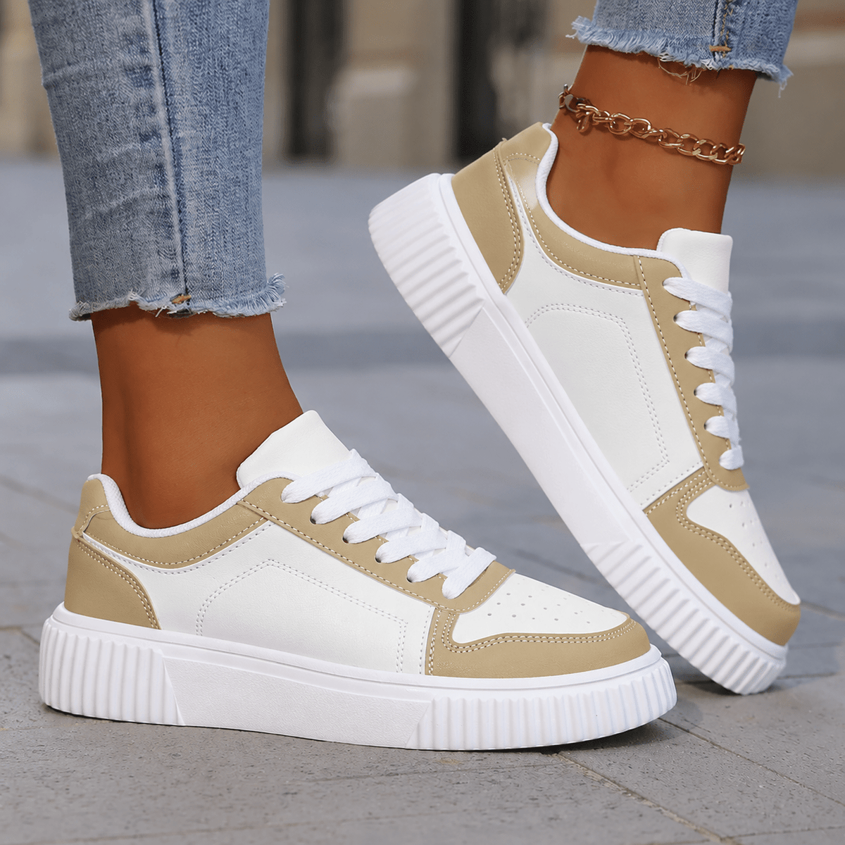 Chloe - Women's Chunky Platform Lace-Up Color Block Sneakers - Sneakers - Khaki - Sarvento