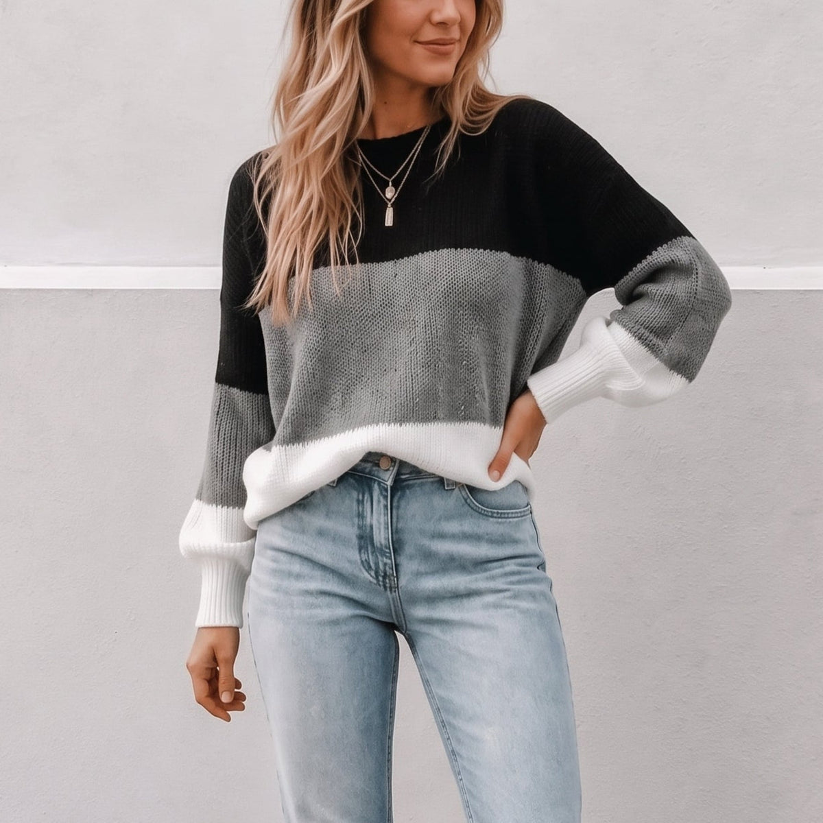 Chloe - Women's Colorblock Crew Neck Sweater with Bishop Sleeves - Sweaters - Black - Sarvento