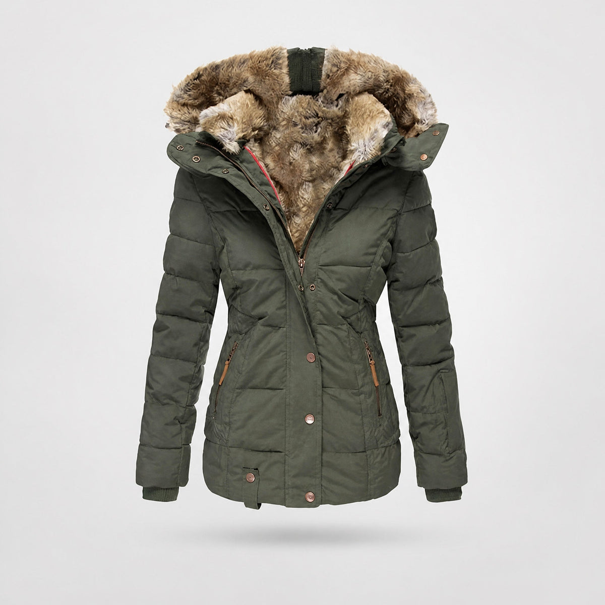 Chloe - Women's Hooded Puffer Jacket with Faux Fur Trim and Zip Pockets - Coats & Jackets - Olive Green - Sarvento