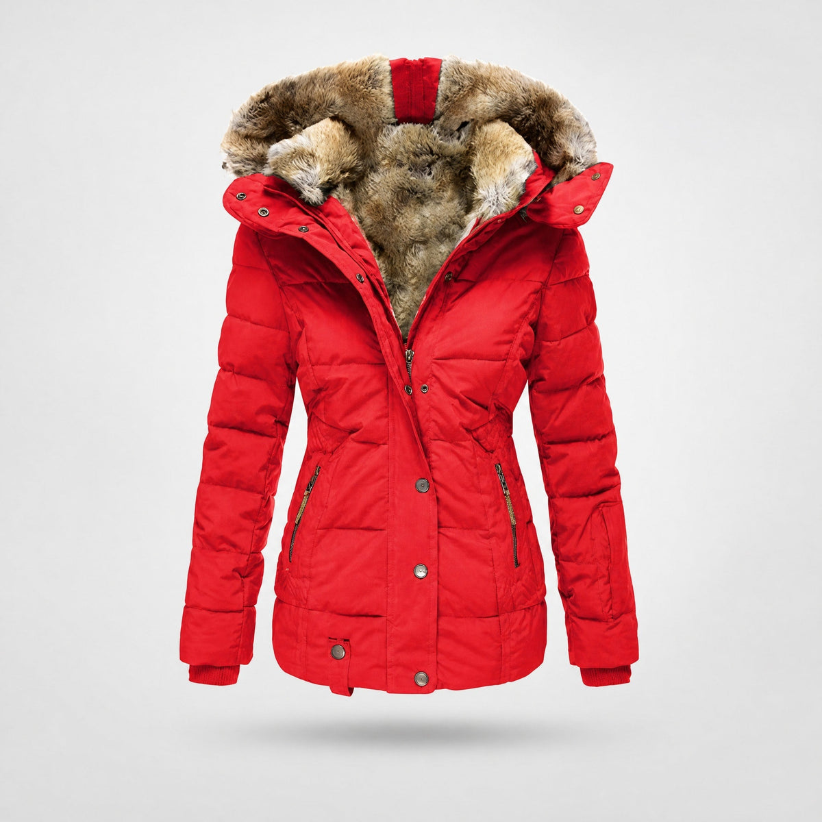 Chloe - Women's Hooded Puffer Jacket with Faux Fur Trim and Zip Pockets - Coats & Jackets - Red - Sarvento