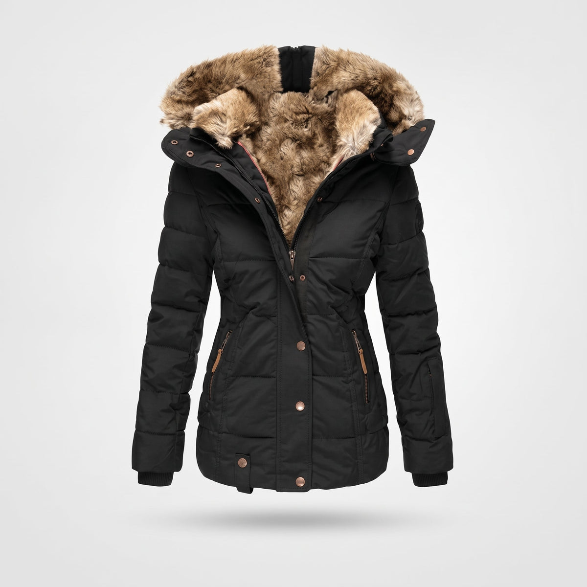 Chloe - Women's Hooded Puffer Jacket with Faux Fur Trim and Zip Pockets - Coats & Jackets - Black - Sarvento