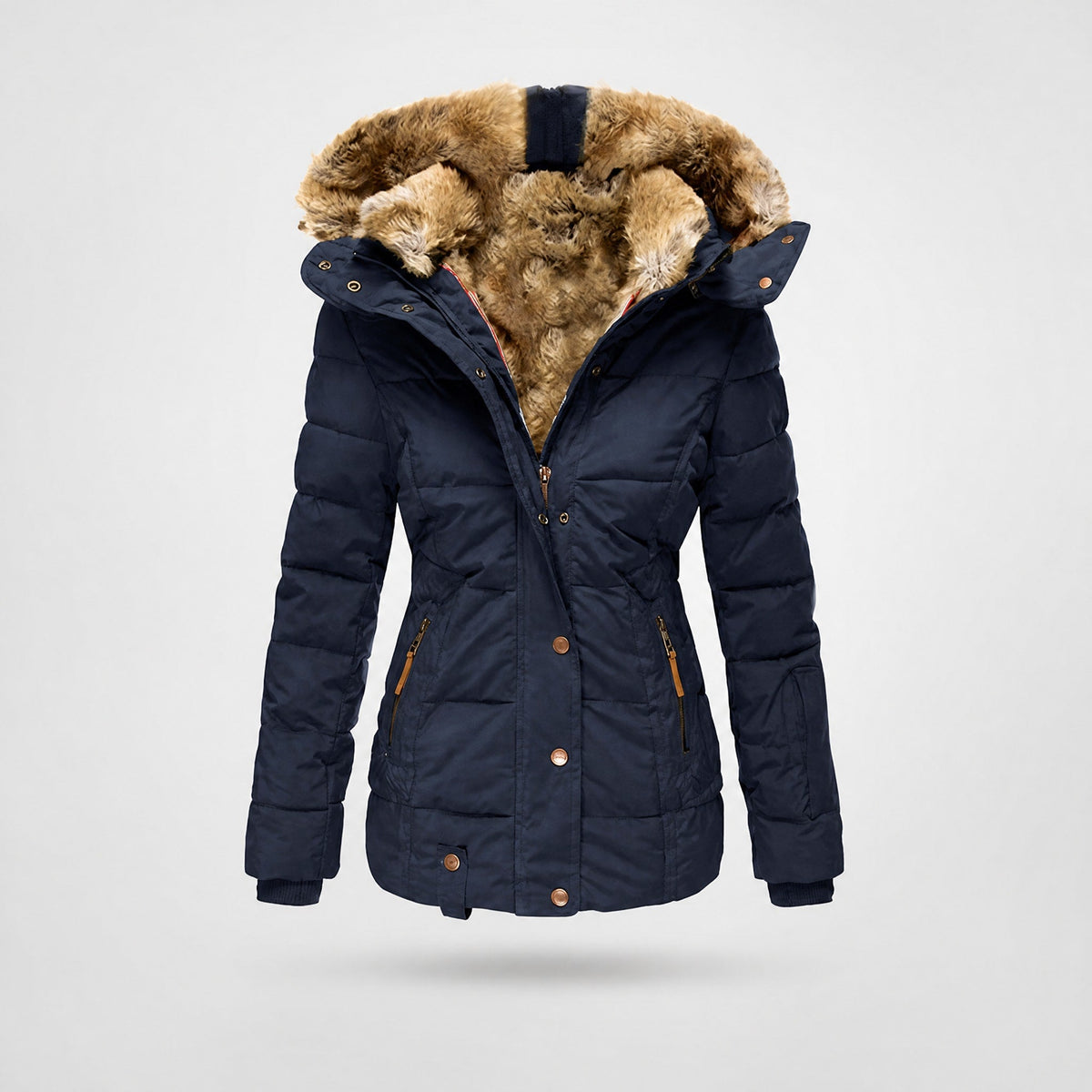 Chloe - Women's Hooded Puffer Jacket with Faux Fur Trim and Zip Pockets - Coats & Jackets - Blue - Sarvento