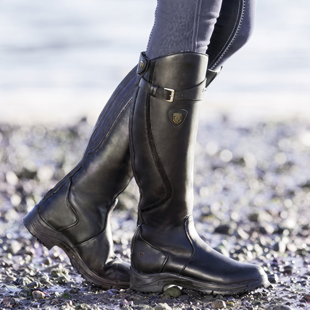 Chloe - Women's Knee-High Riding Boots with Buckle Strap Detail - Boots - Black - Sarvento