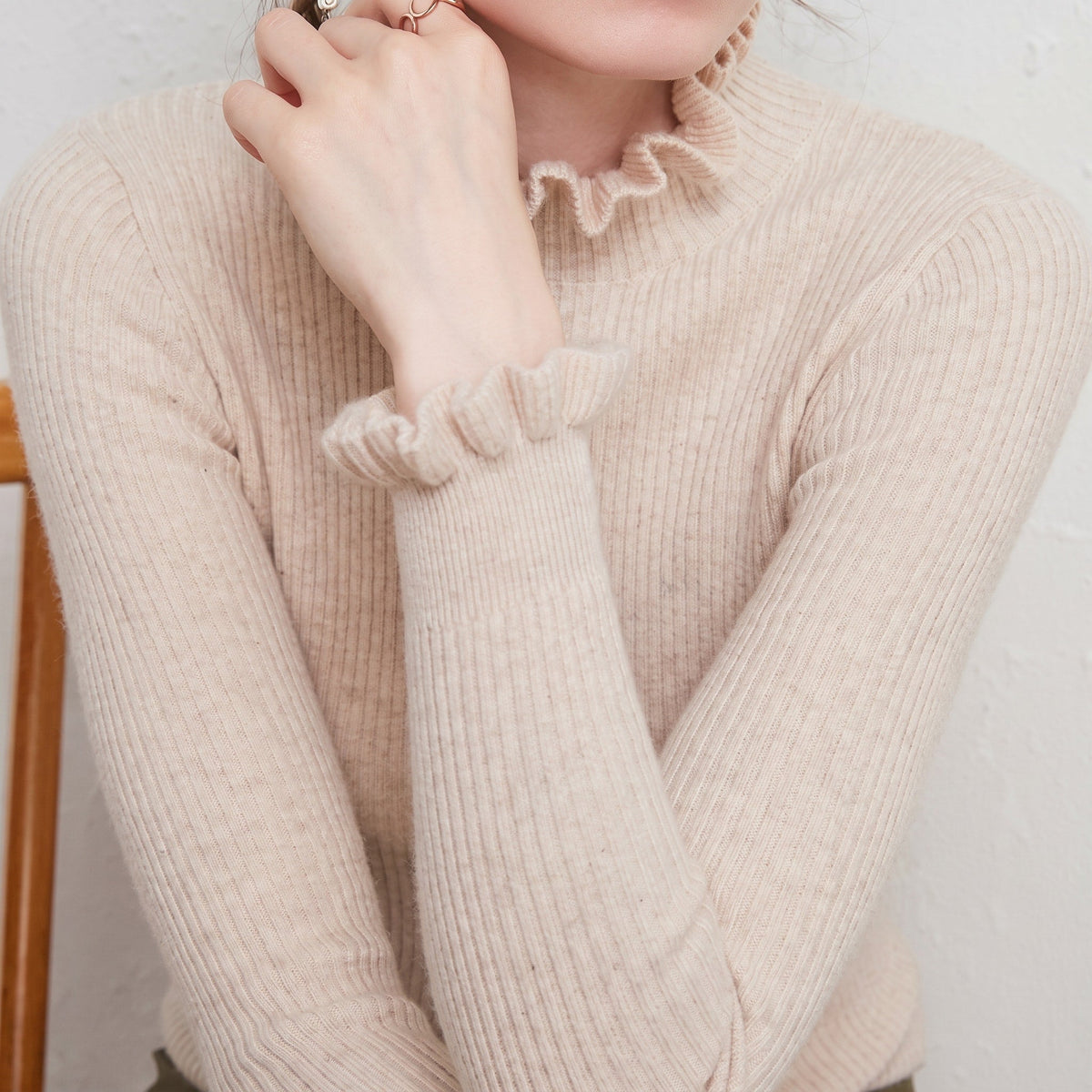 Chloe - Women's Ruffle Turtleneck Ribbed Knit Sweater with Long Sleeves - Sweater - Beige - Sarvento