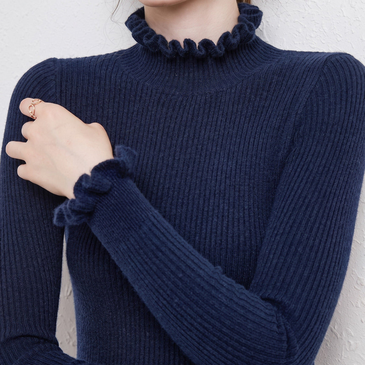 Chloe - Women's Ruffle Turtleneck Ribbed Knit Sweater with Long Sleeves - Sweater - Blue - Sarvento