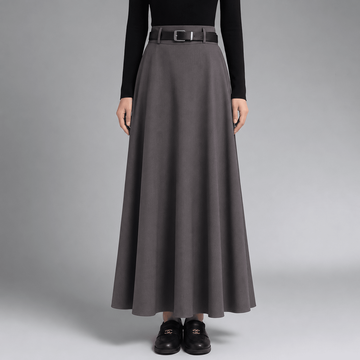 Clara - Women's Belted Pleated Maxi Skirt with Side Pockets - Skirts - Gray - Sarvento
