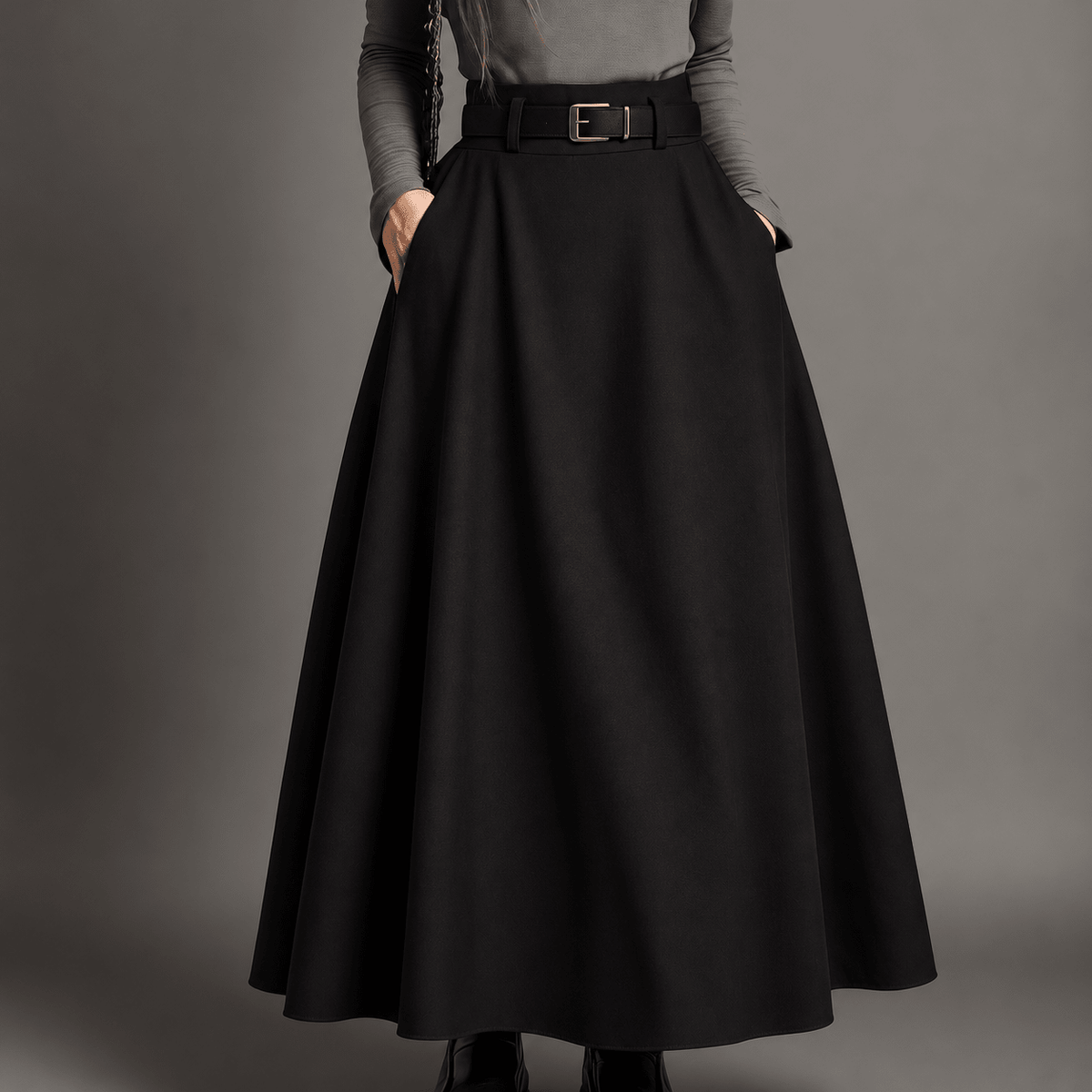 Clara - Women's Belted Pleated Maxi Skirt with Side Pockets - Skirts - Black - Sarvento