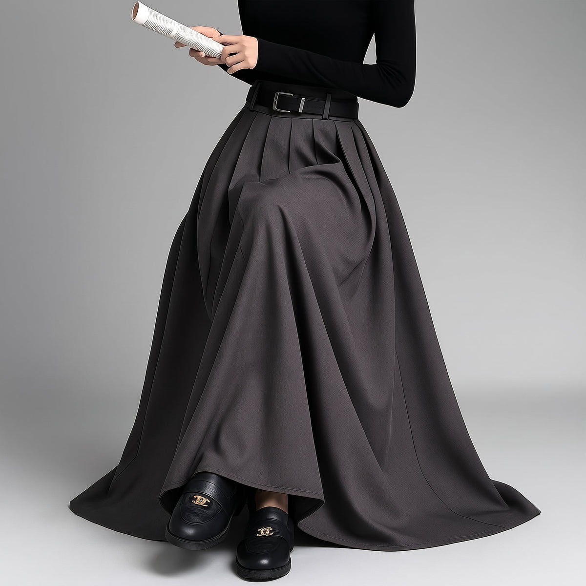 Clara - Women's Belted Pleated Maxi Skirt with Side Pockets - Skirts - Gray - Sarvento