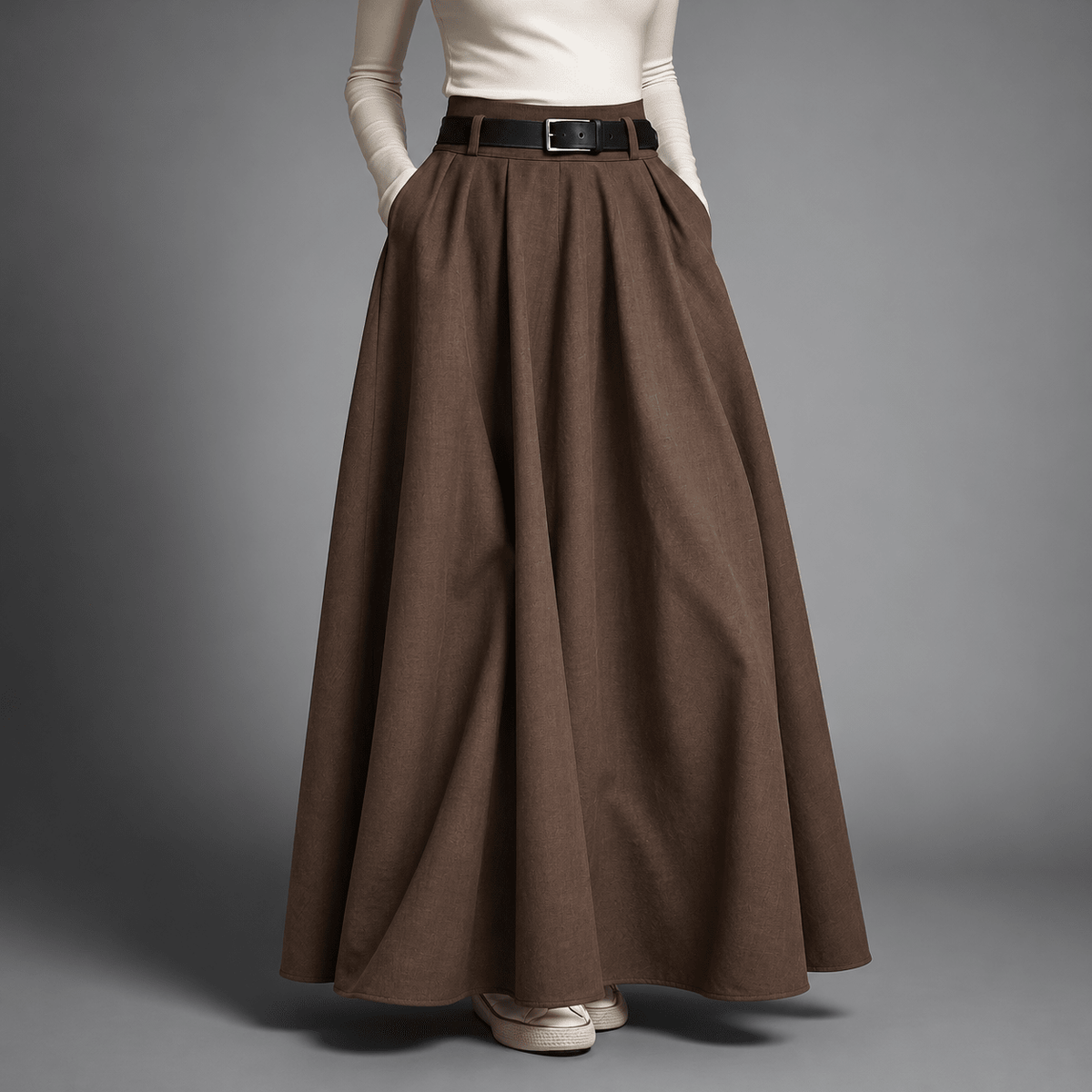 Clara - Women's Belted Pleated Maxi Skirt with Side Pockets - Skirts - Brown - Sarvento