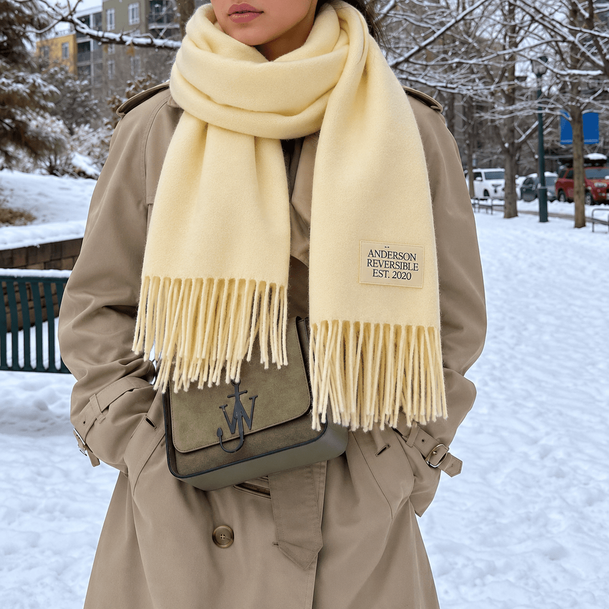 Clara - Women's Cozy Oversized Long Fringe Trim Winter Wrap Scarf - Scarves & Shawls - Light Yellow - Sarvento