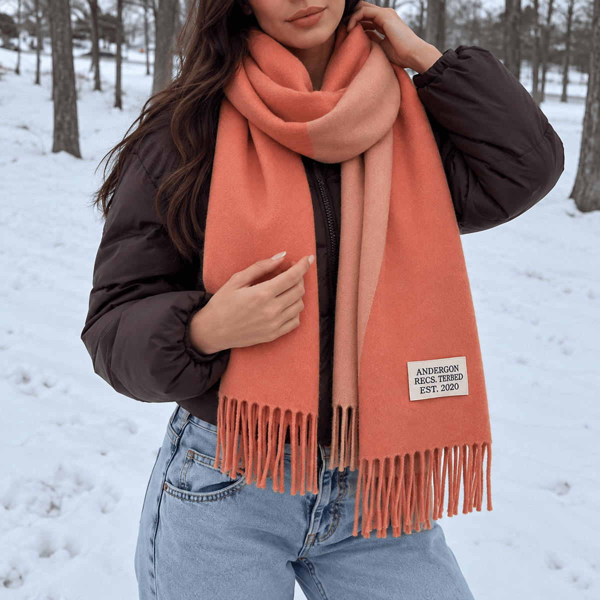 Clara - Women's Cozy Oversized Long Fringe Trim Winter Wrap Scarf - Scarves & Shawls - Peach - Sarvento