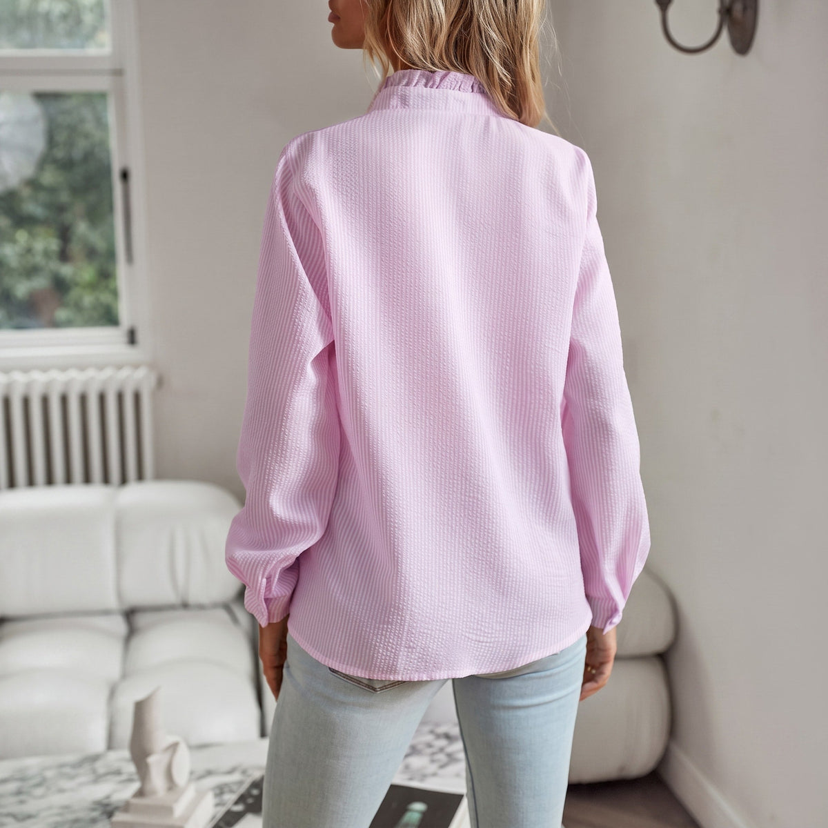 Corinne - Women's Ruffle Collar Long Sleeve Striped Blouse with Button Front - Blouses - Light Pink - Parker&Brooks
