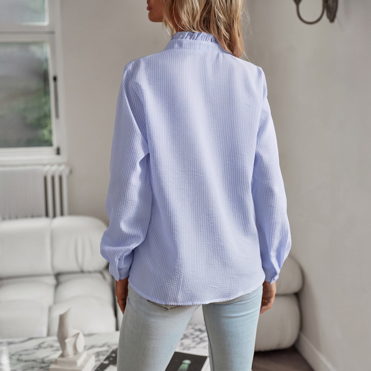 Corinne - Women's Ruffle Collar Long Sleeve Striped Blouse with Button Front - Blouses - Blue - Parker&Brooks