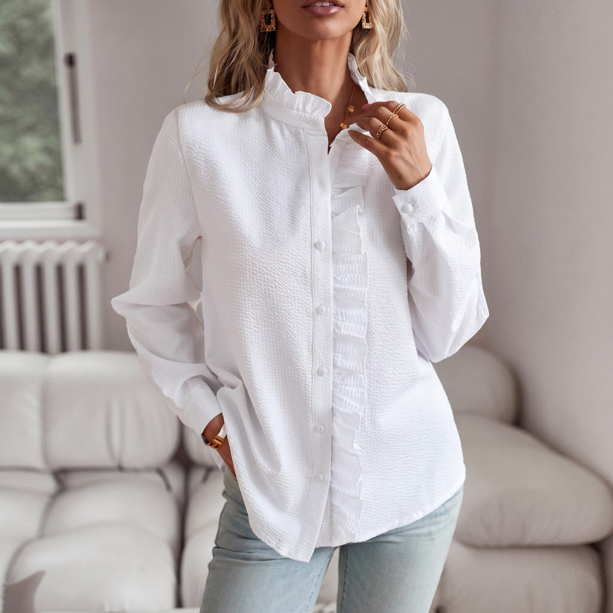 Corinne - Women's Ruffle Collar Long Sleeve Striped Blouse with Button Front - Blouses - White - Parker&Brooks