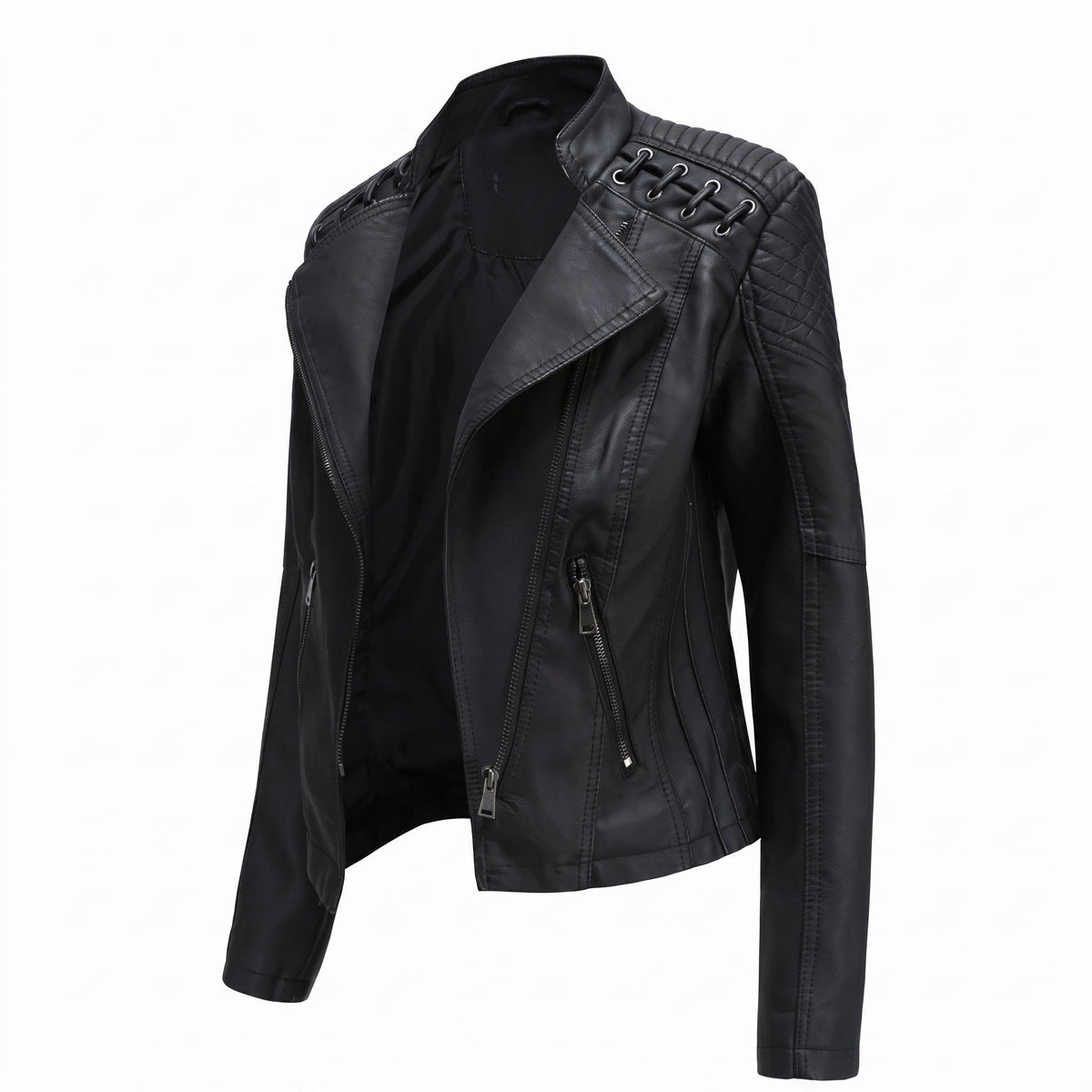 Debby - Women's Moto Biker Jacket with Lace-Up Shoulder Detail - Motorcycle Outerwear - Black - Parker&Brooks