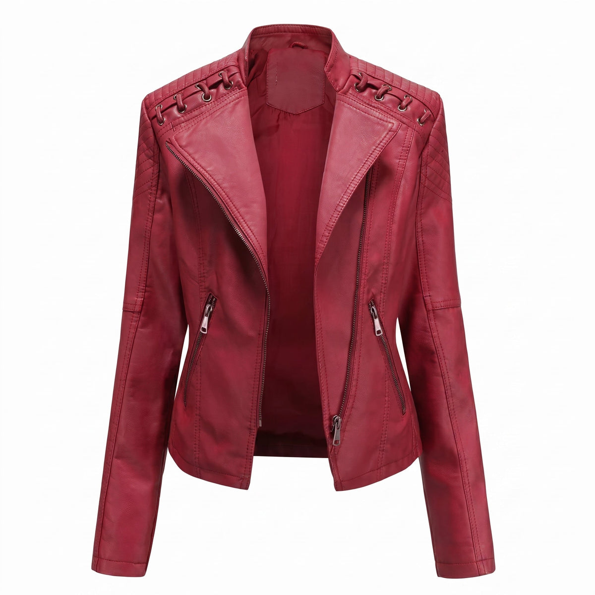 Debby - Women's Moto Biker Jacket with Lace-Up Shoulder Detail - Motorcycle Outerwear - Red - Parker&Brooks
