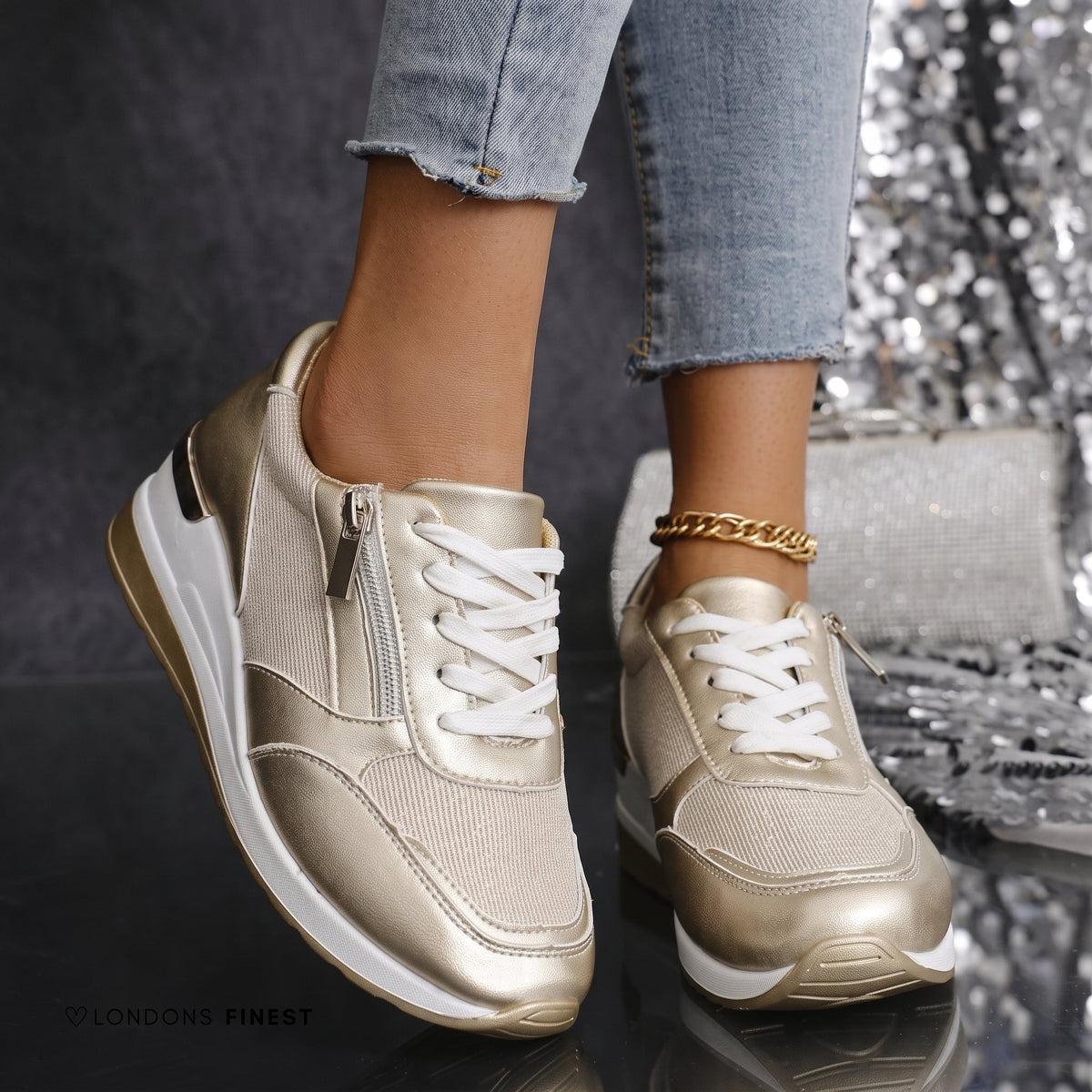 Dina - Women's Orthopedic Lace-Up Sneakers with Side Zip - Sneakers - Gold - Parker&Brooks