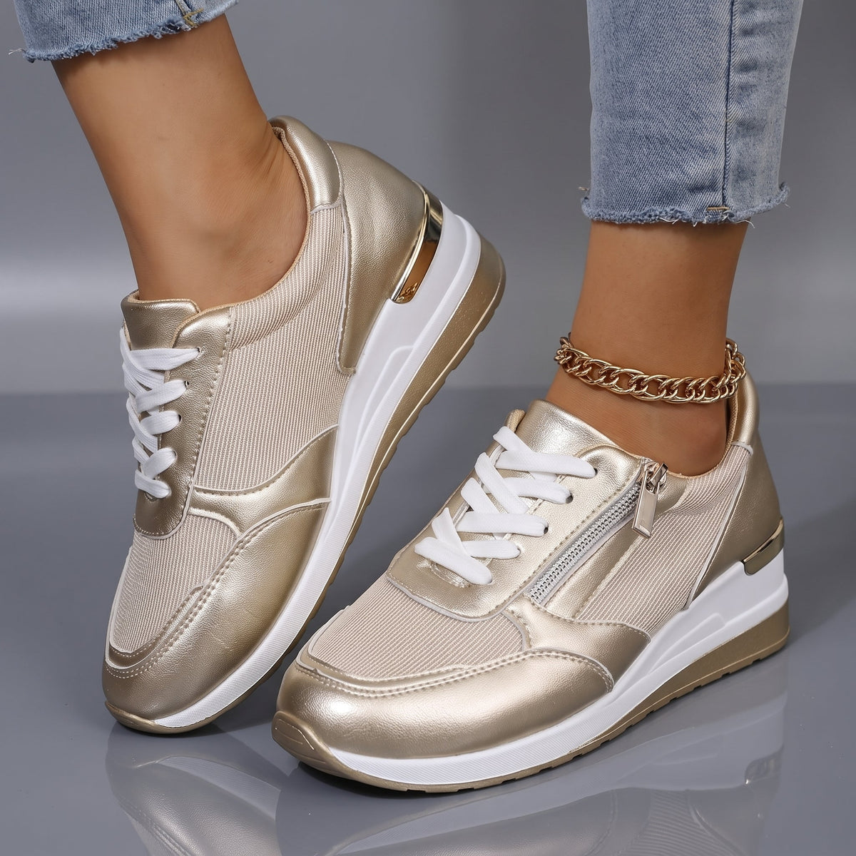 Dina - Women's Orthopedic Lace-Up Sneakers with Side Zip - Sneakers - Gold - Parker&Brooks